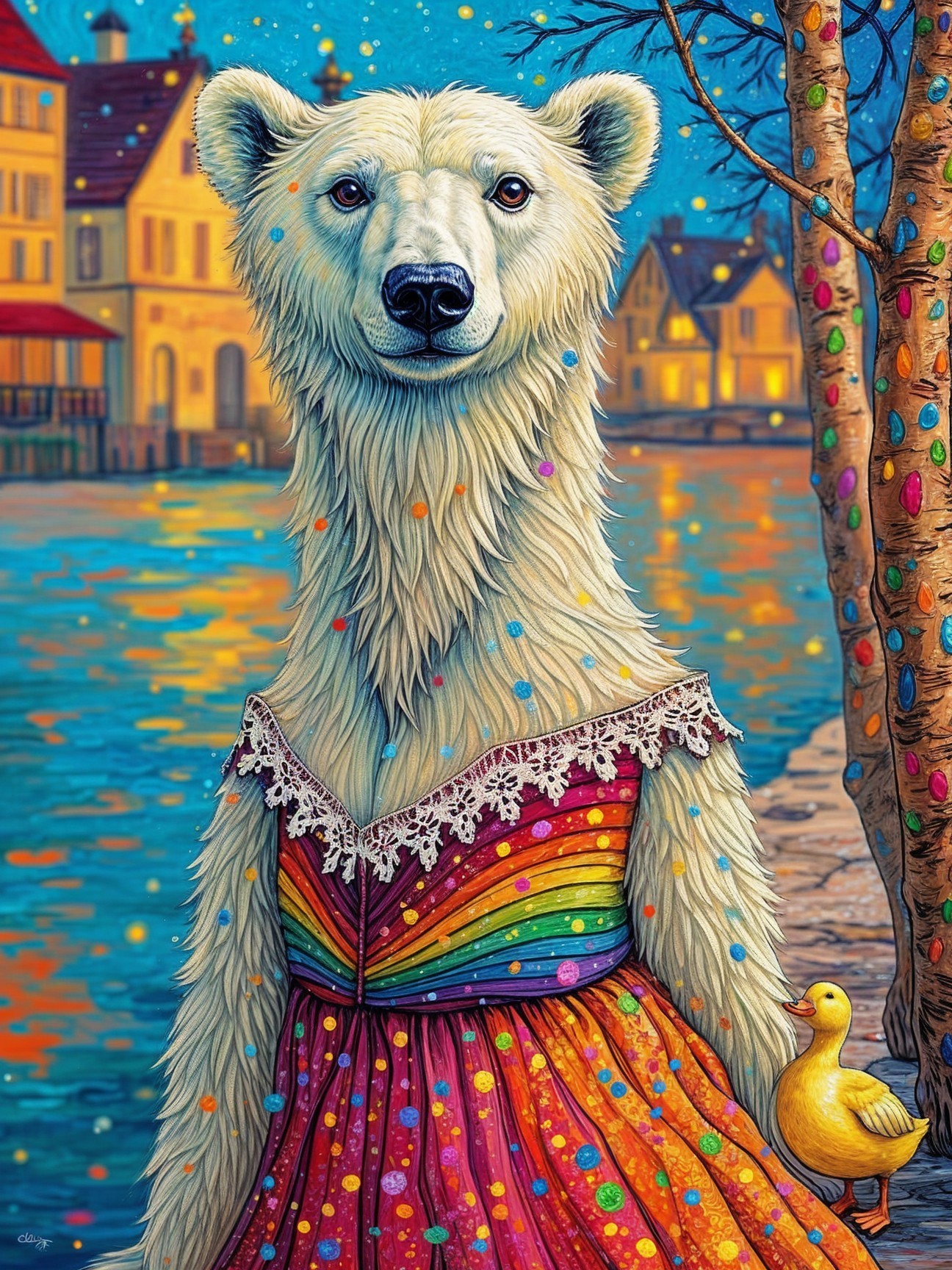 Whimsical Polar Bear in Colorful Dress by Waterfront