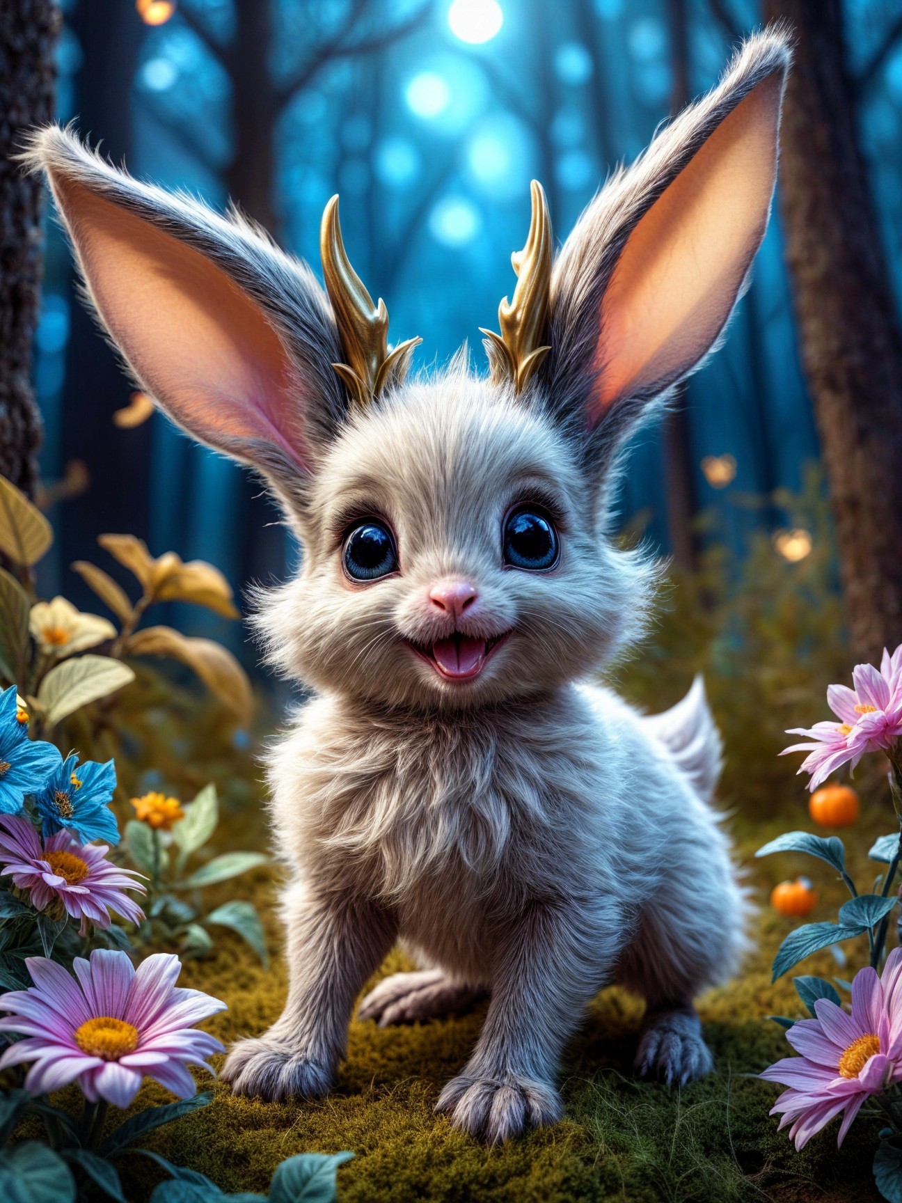Whimsical Rabbit with Antlers in a Mystical Forest