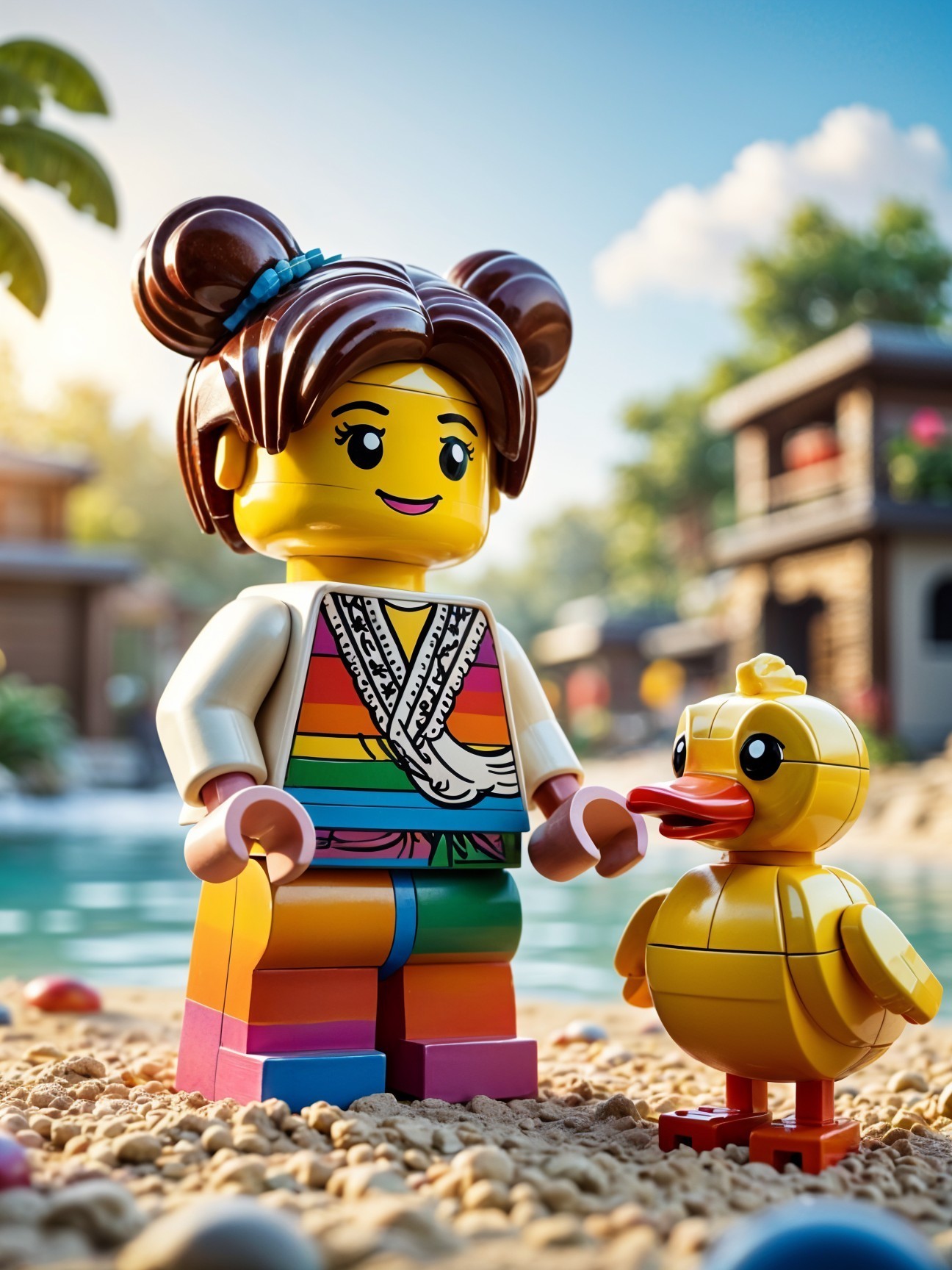 Colorful Lego Figure and Rubber Duck by Serene Pool