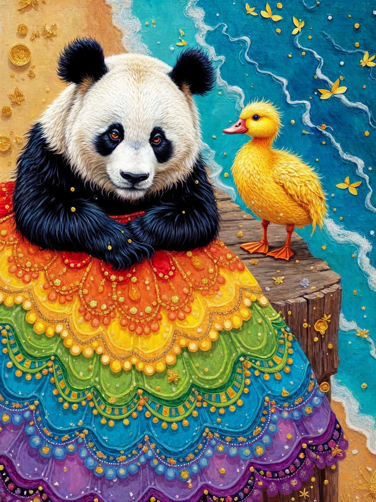 Panda in Rainbow Dress on Beach with Duckling and Butterflies