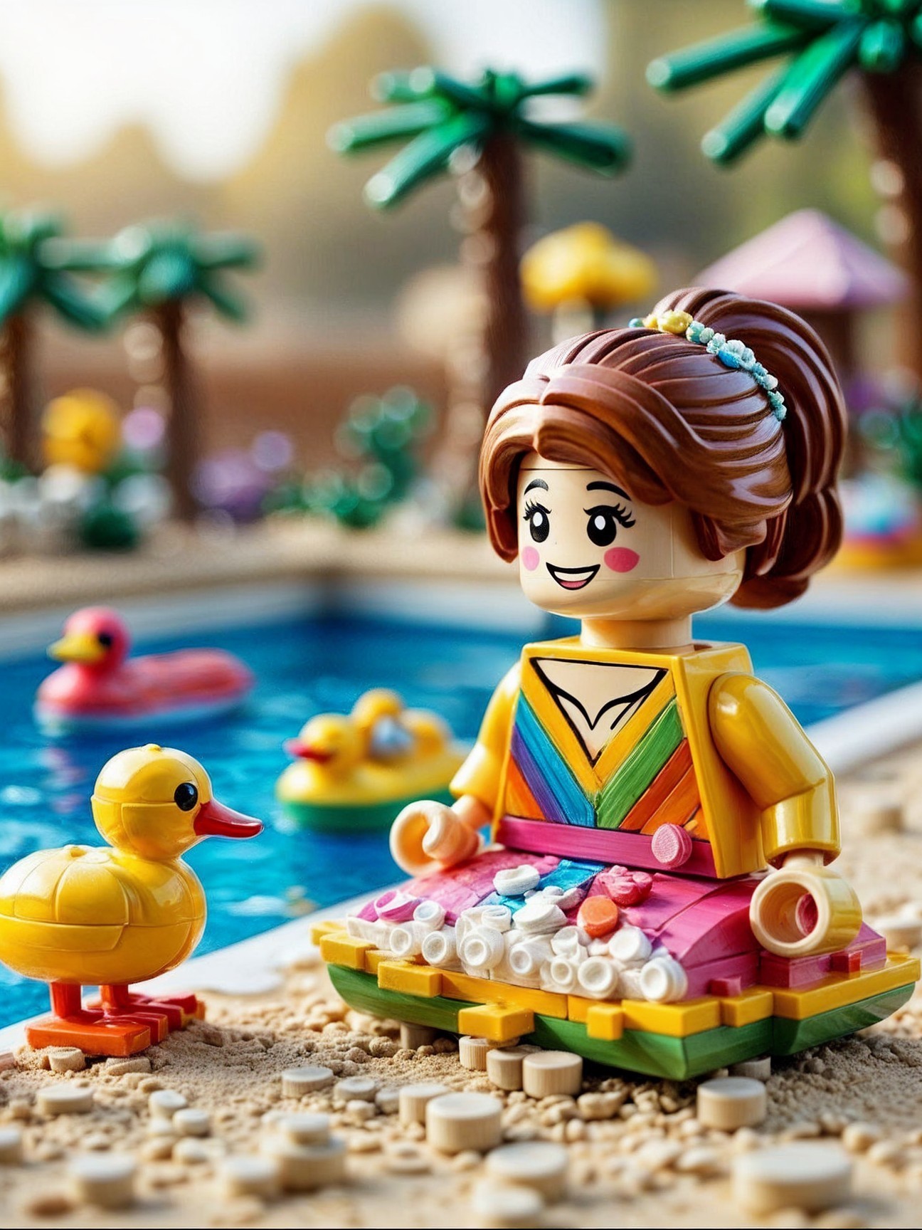 Colorful LEGO Minifigure on a Beach with Duck