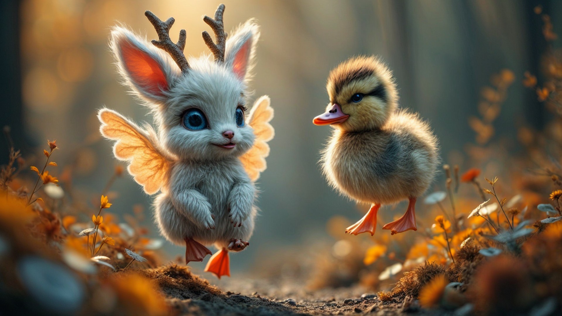 Whimsical Forest Scene with Fantasy Creatures
