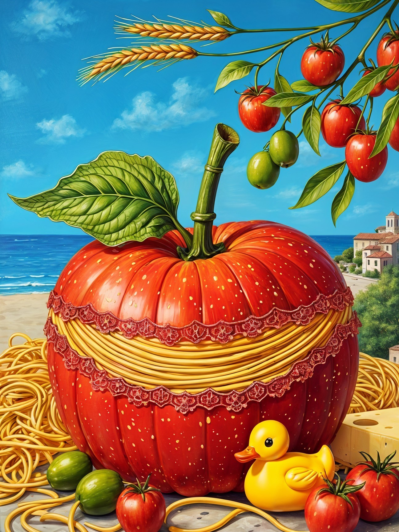 Whimsical Scene with Giant Red Apple and Beach Setting