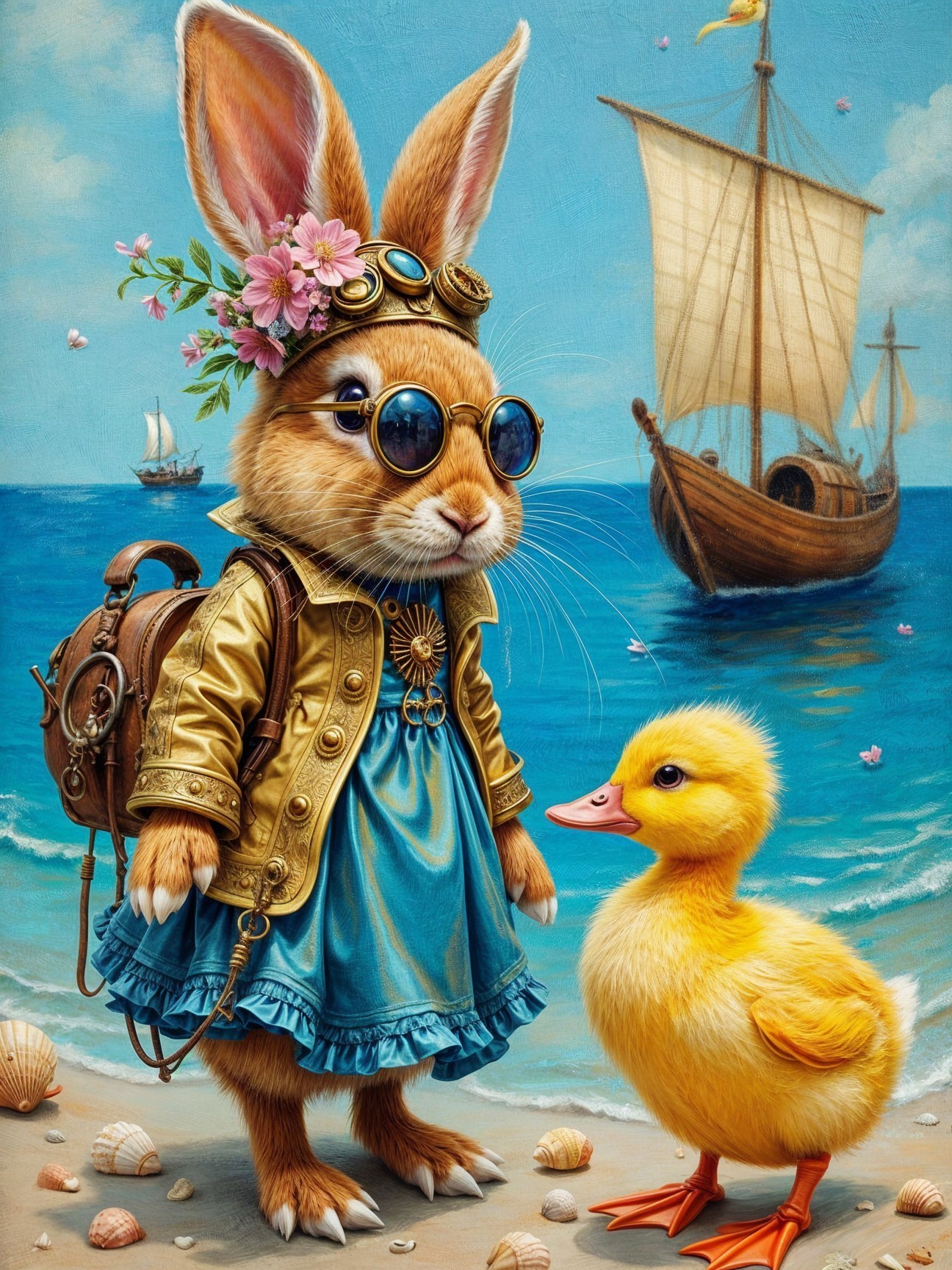 Stylish Rabbit and Duckling on a Beach Scene