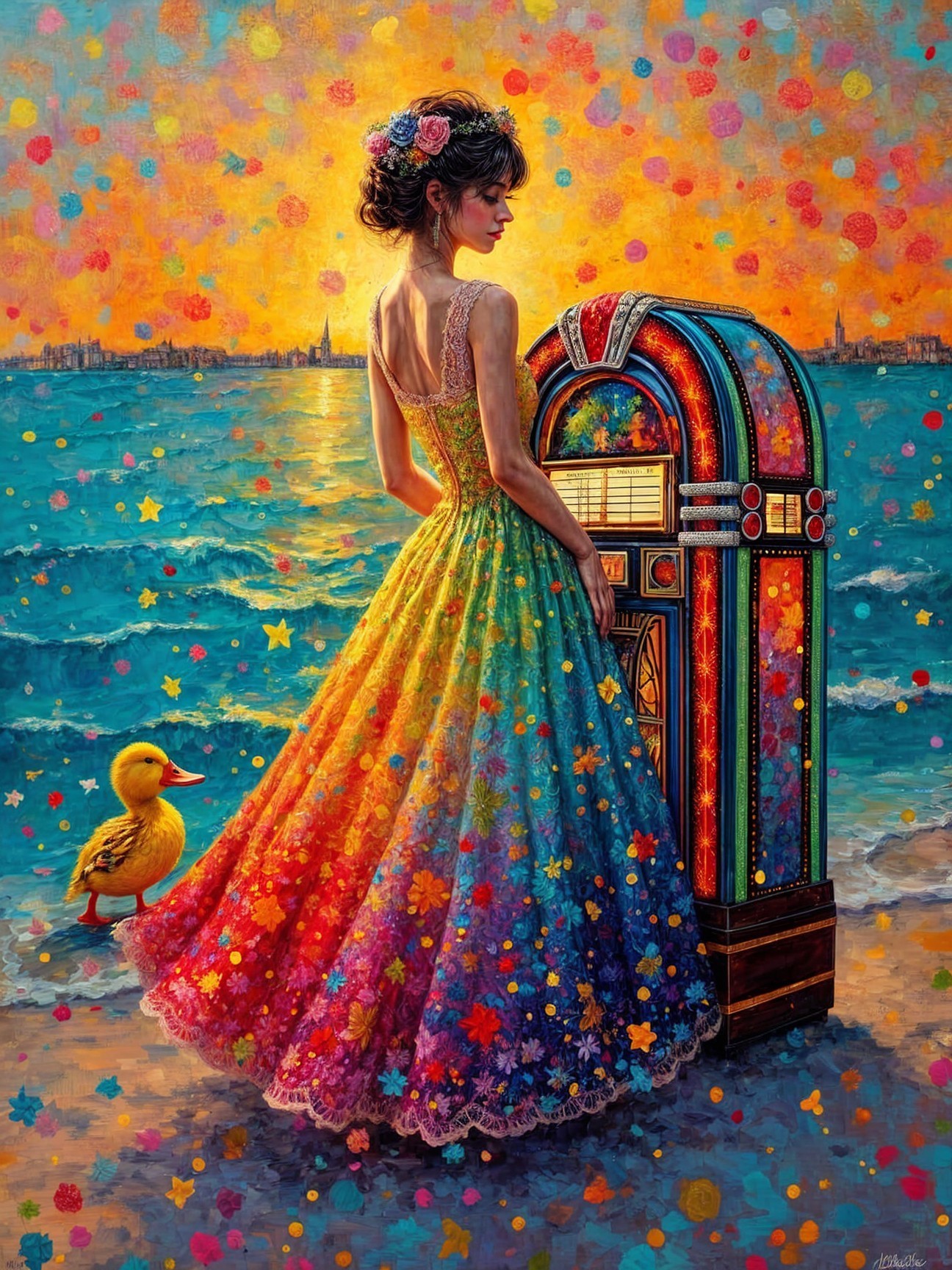 Colorful Dress and Jukebox at Sunset by the Shore