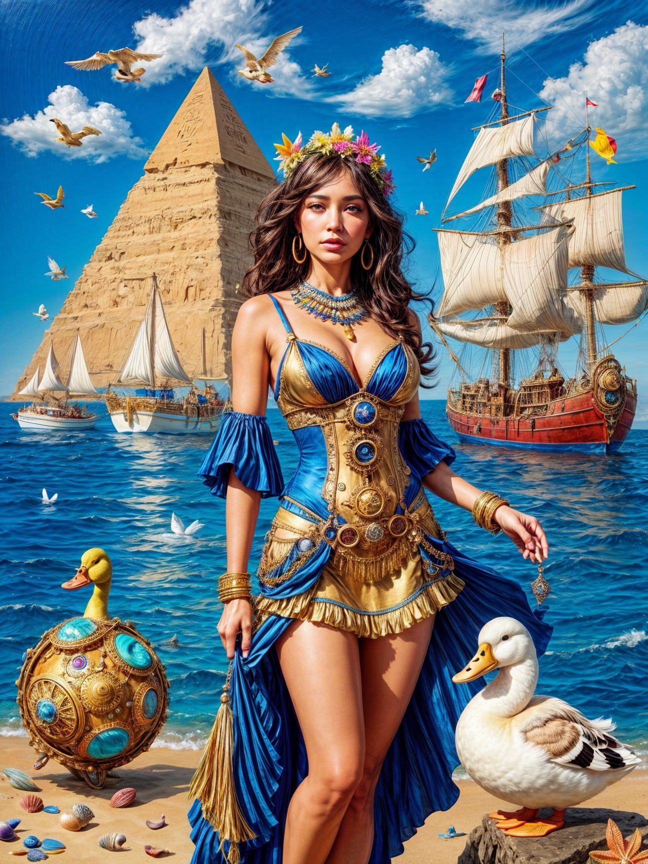 Woman in Blue and Gold Outfit by Pyramid Shoreline