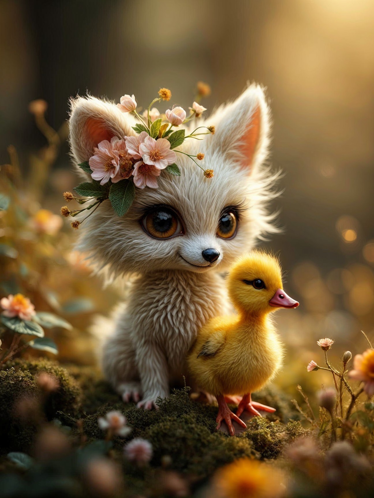 Fluffy White Fox and Duckling in Floral Setting