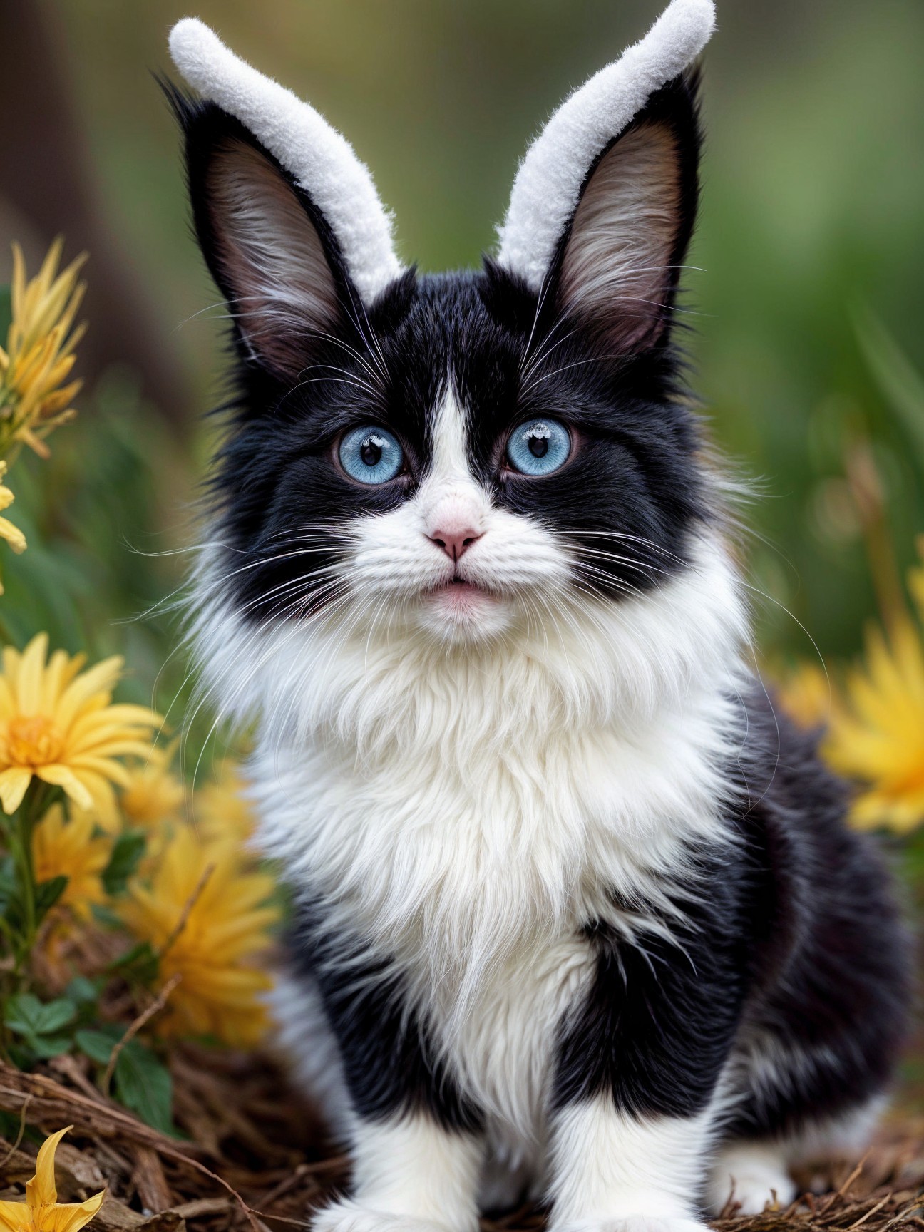 Black and White Cat with Blue Eyes Among Yellow Flowers
