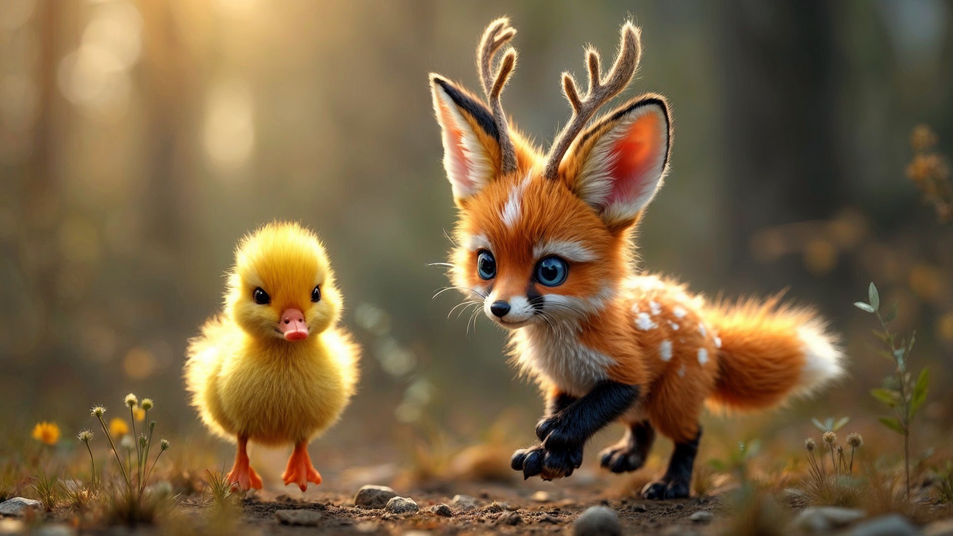 Whimsical Forest Scene with Fox and Duckling
