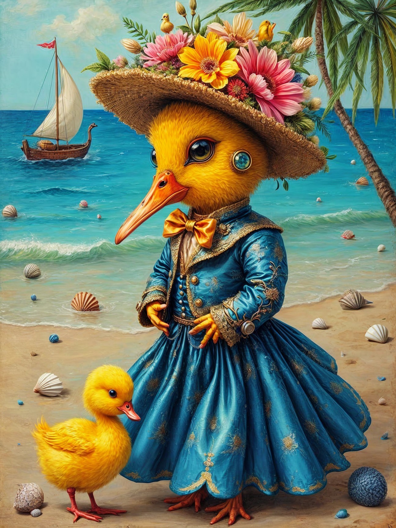 Whimsical Duck in Elegant Gown on Sandy Beach
