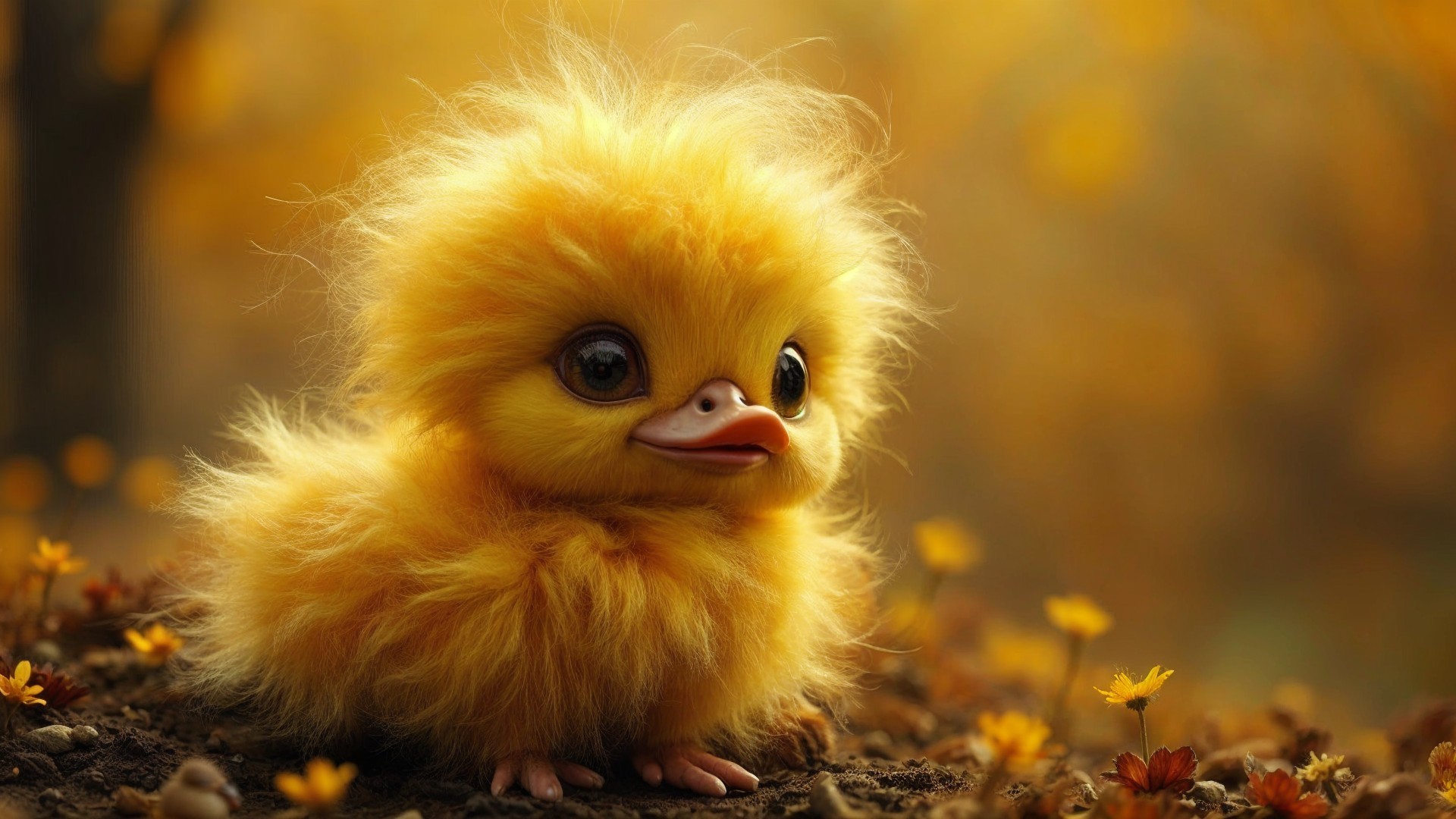 Fluffy Yellow Chick in Autumn Flower Setting