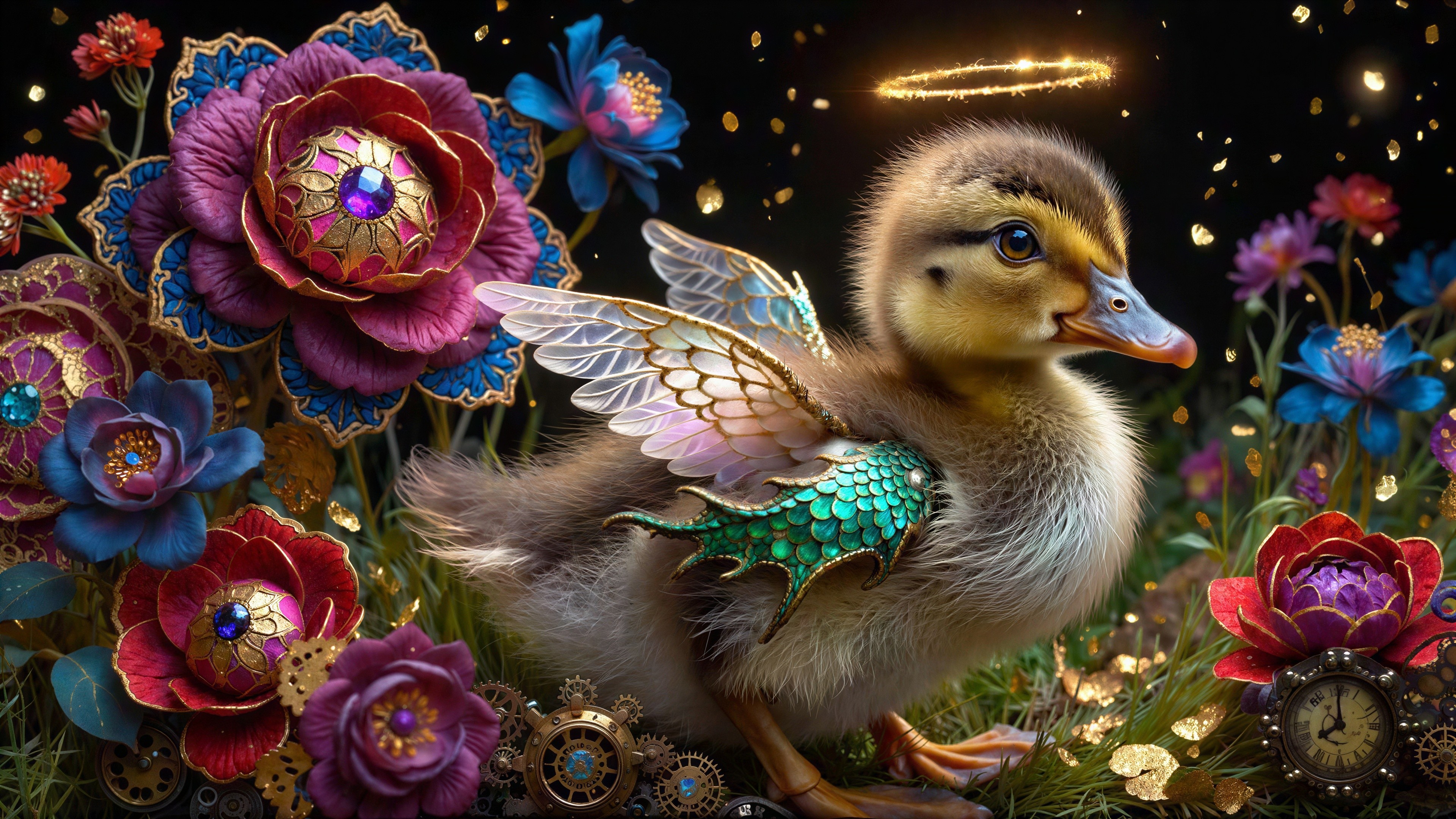 Fluffy Baby Duck with Iridescent Wings and Halo