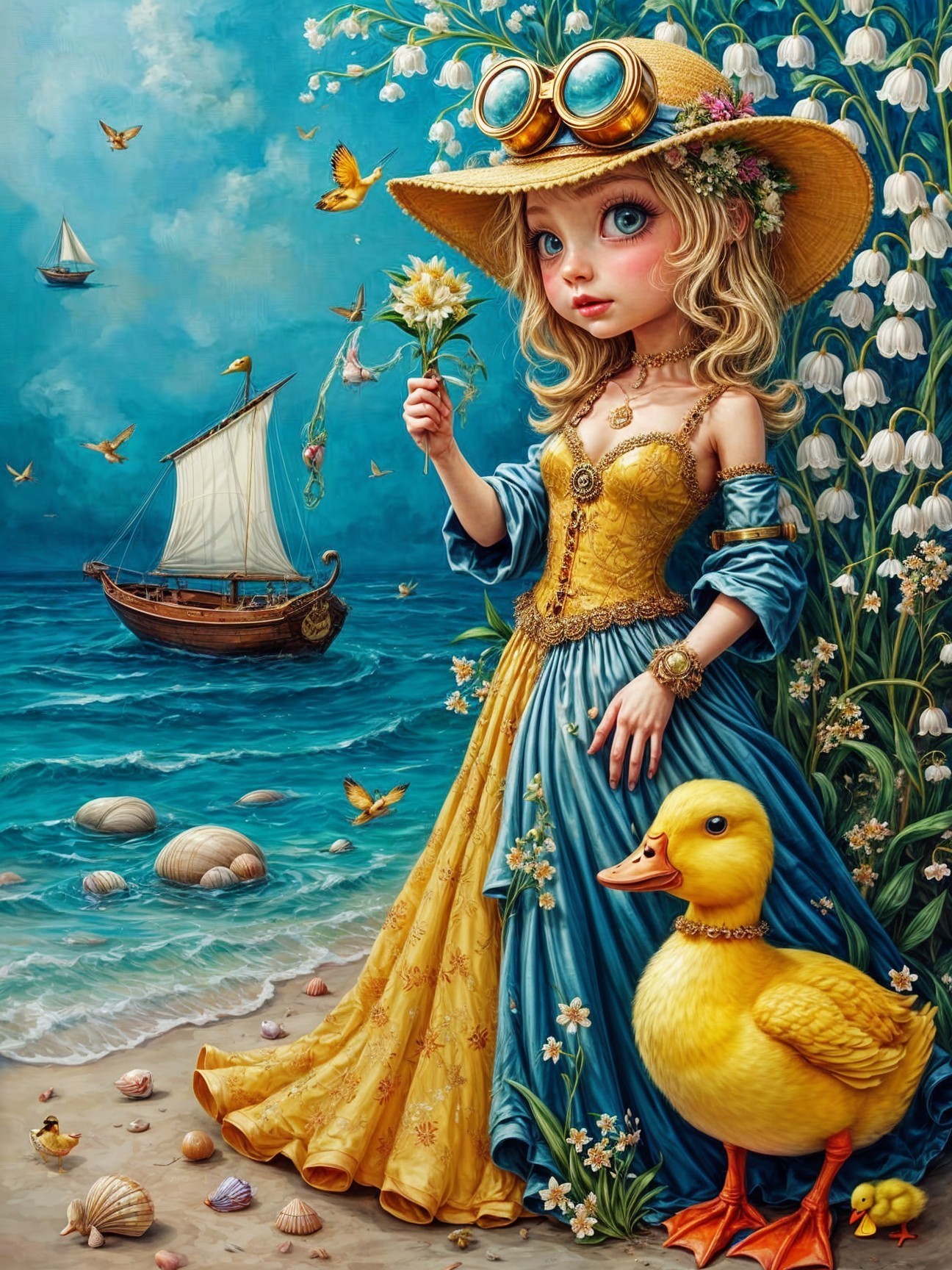 Whimsical Beach Scene with Girl and Duck