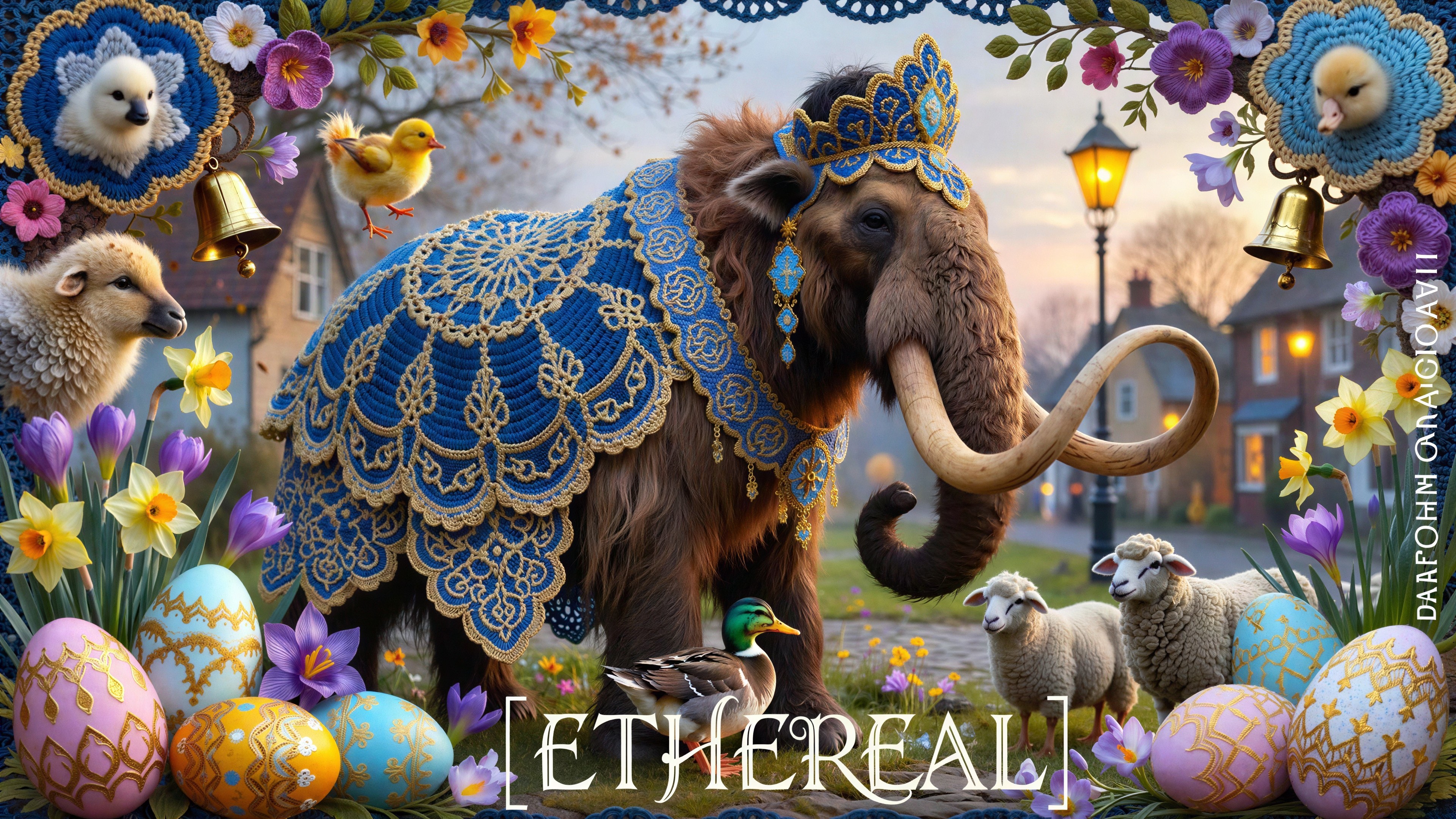 Woolly Mammoth in Crocheted Blanket with Village Scene