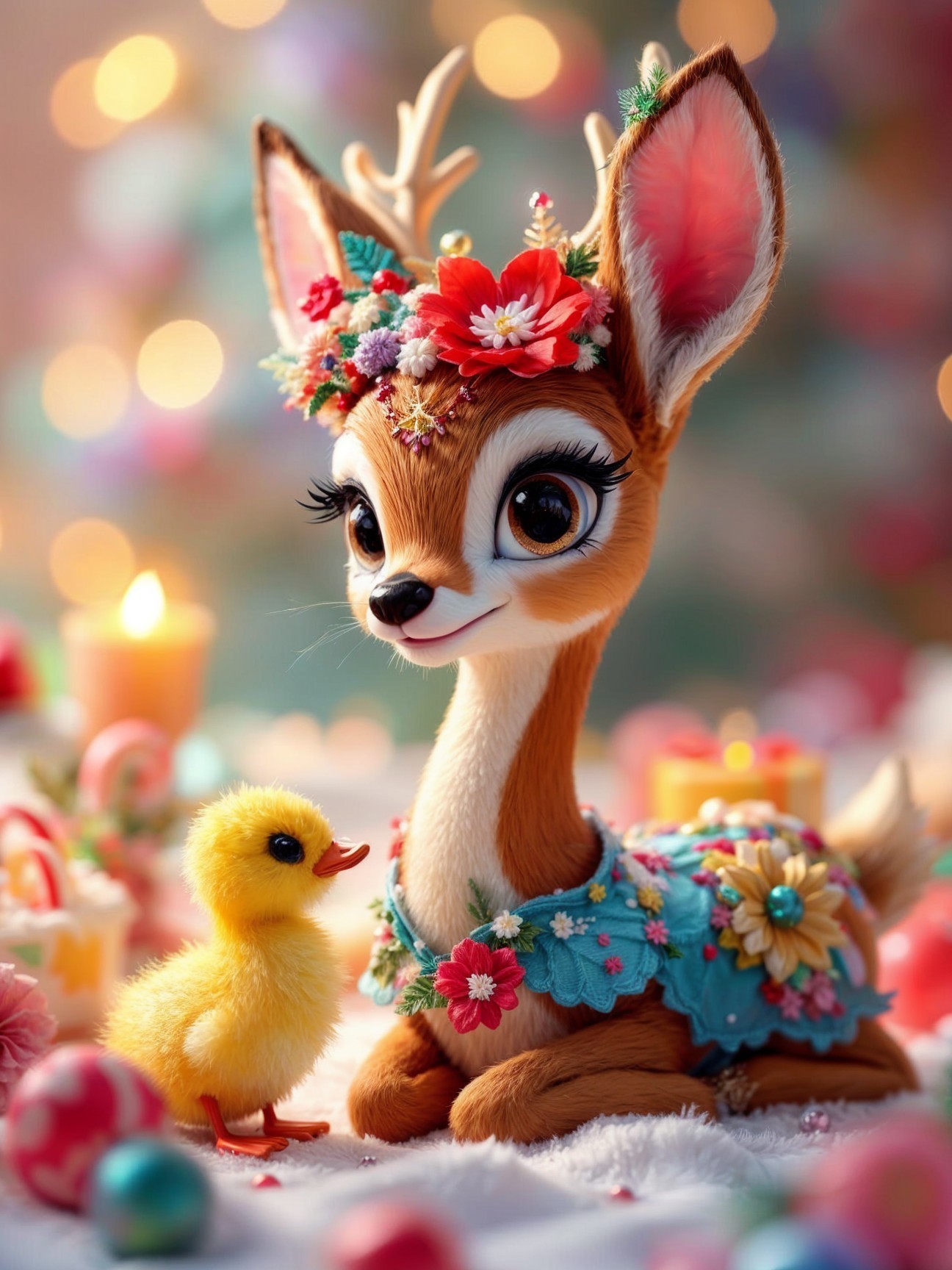 Stylized deer and duckling in a whimsical setting