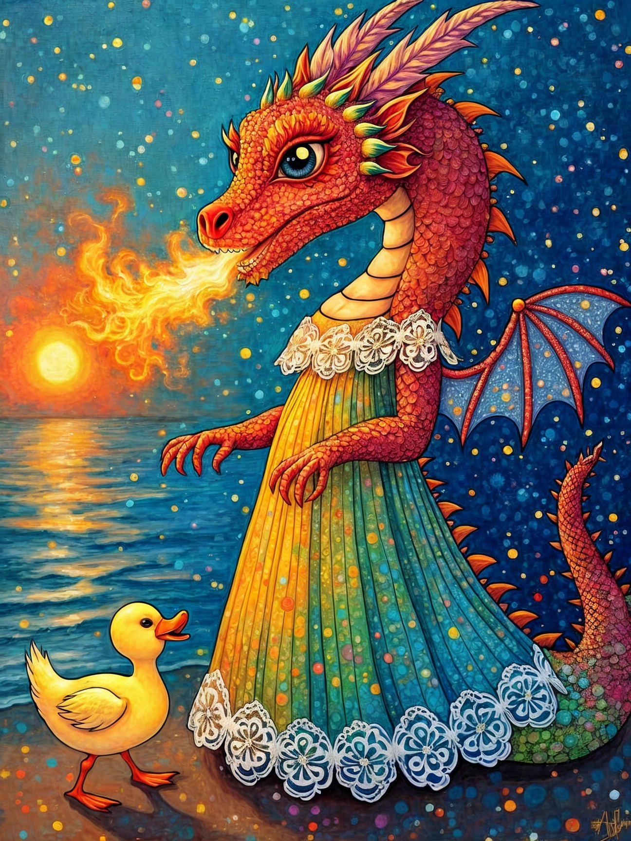 Colorful dragon in dress with duck at sunset scene
