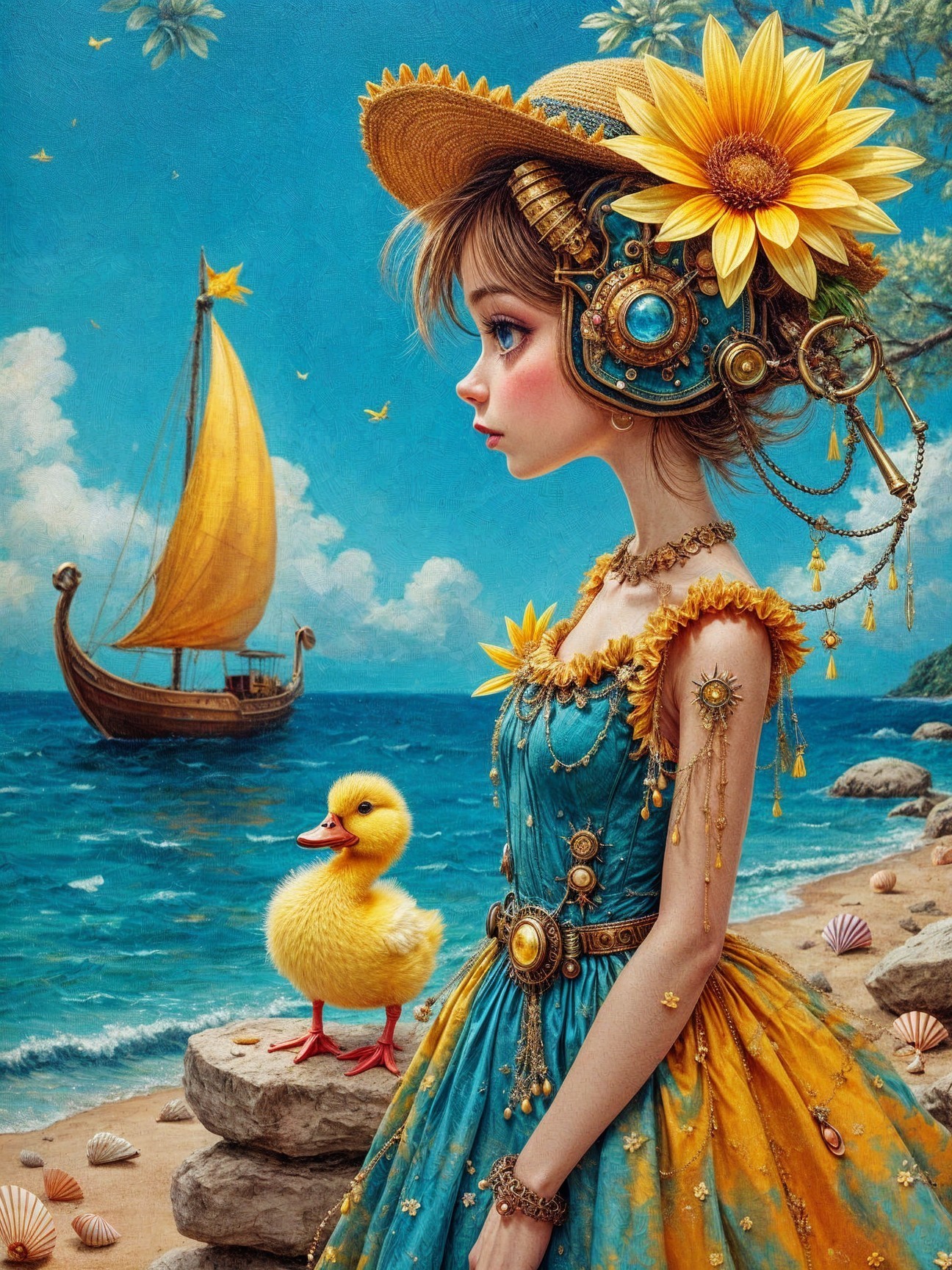 Whimsical Steampunk Scene with Girl and Duckling