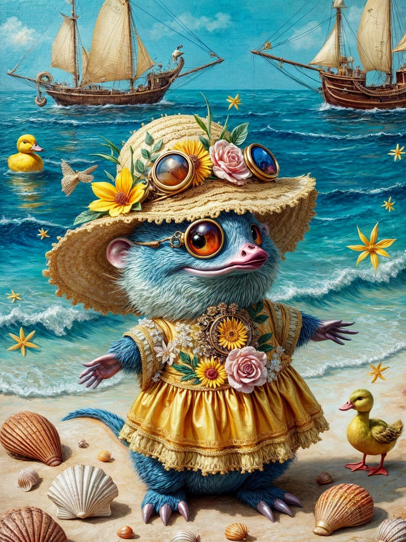 Whimsical Blue Creature on Sunny Beach with Sailboats