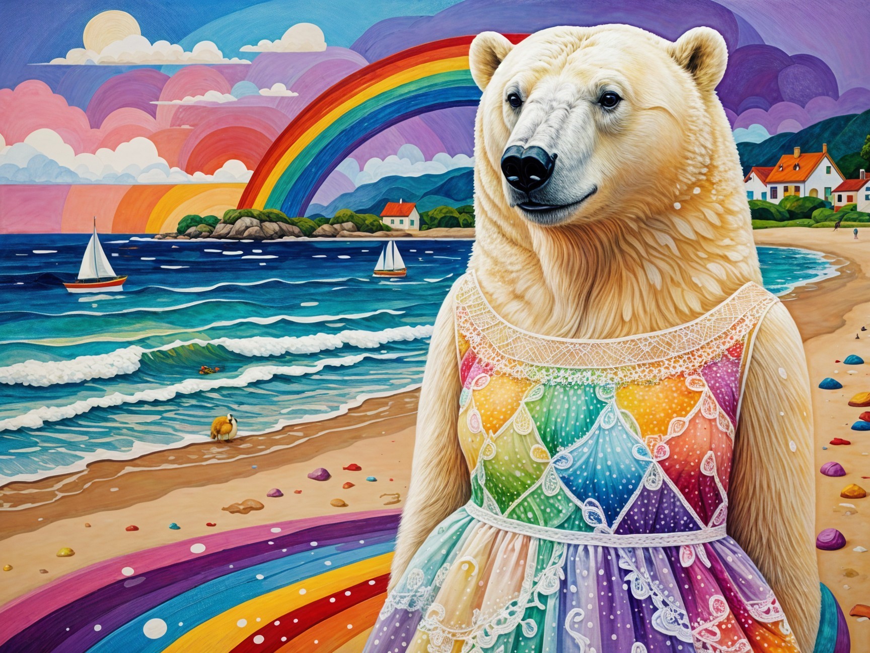 Polar Bear in Dress at Vibrant Beach Scene