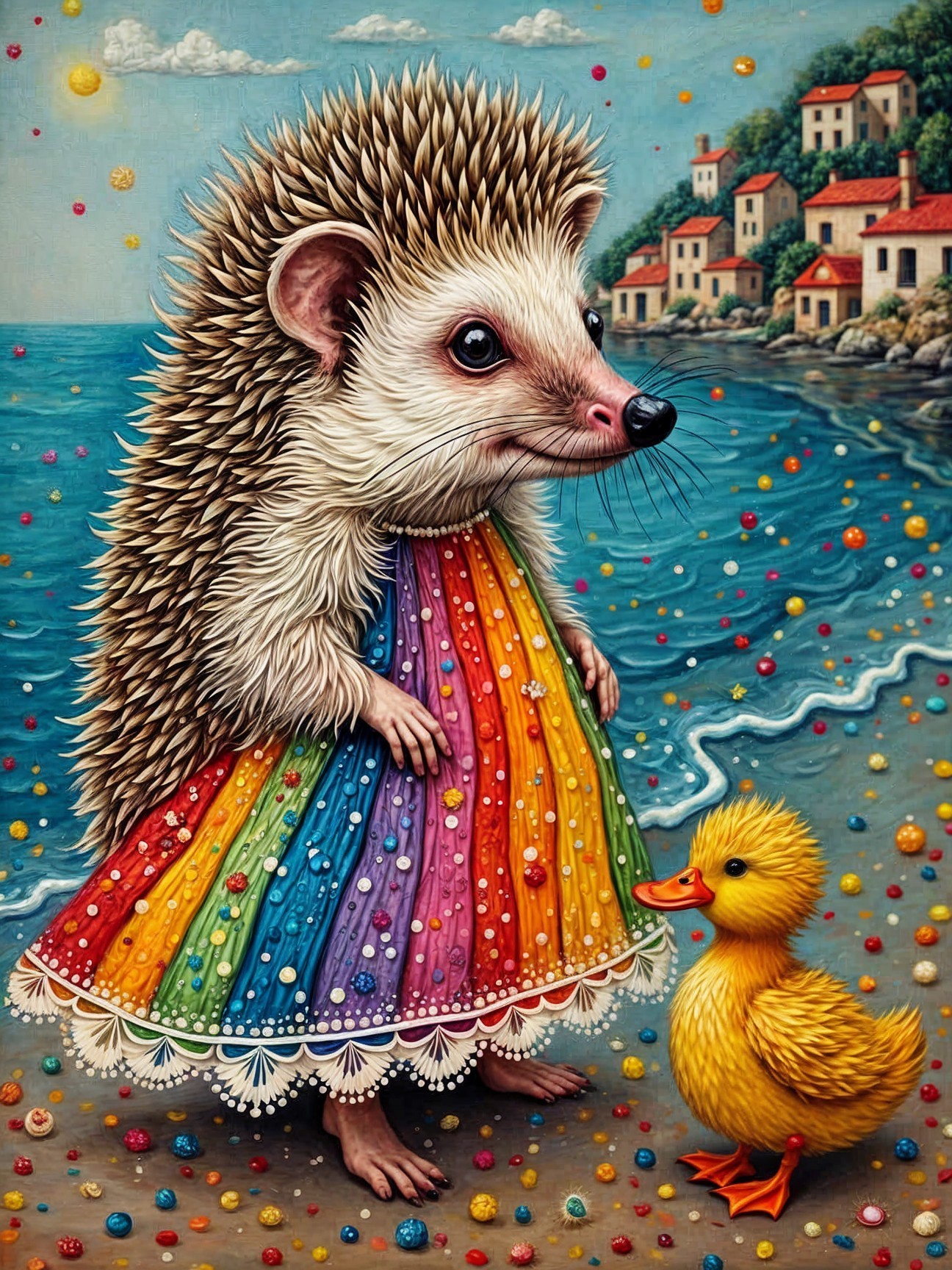 Hedgehog in Rainbow Dress on Beach with Duckling