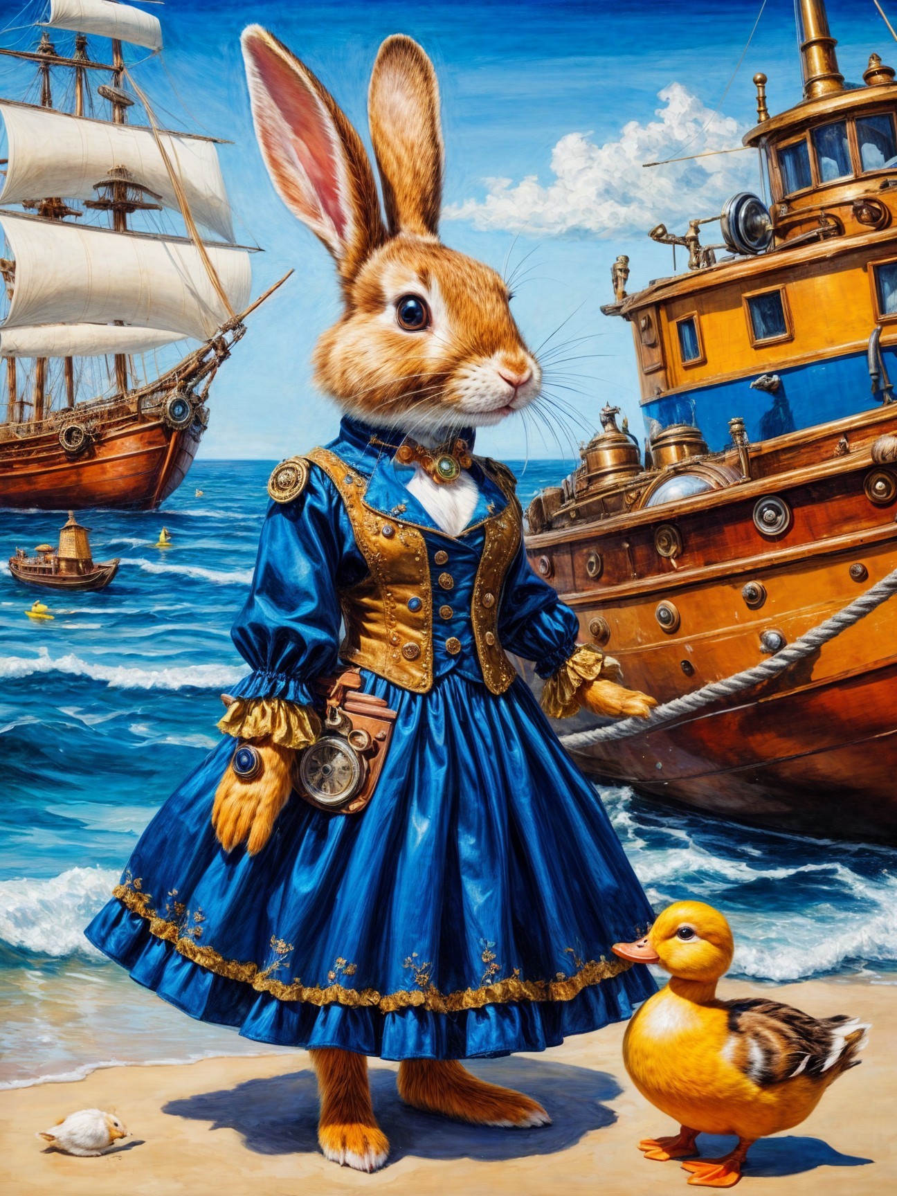 Whimsical Rabbit and Duck by the Ocean Shore
