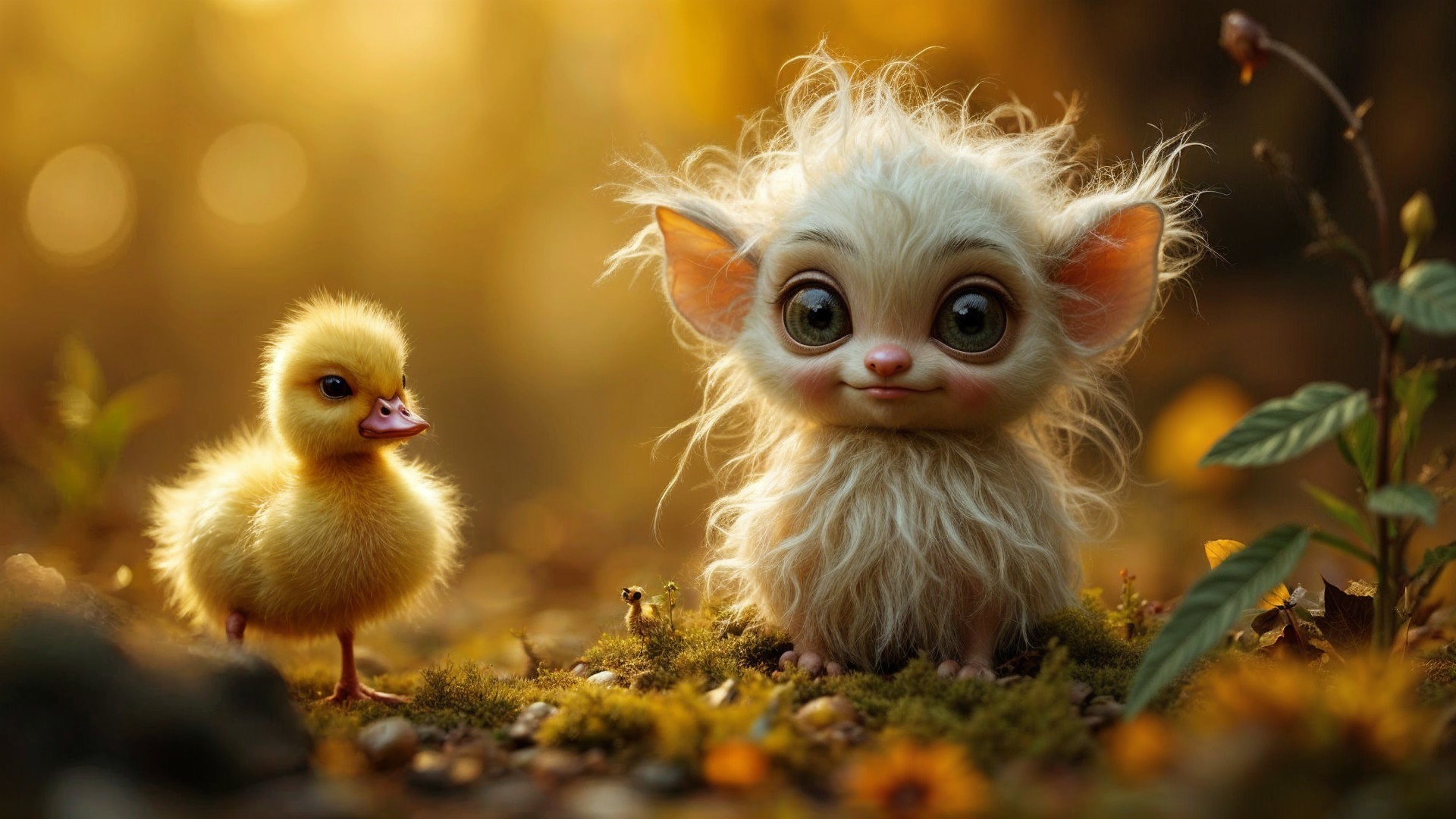 Fluffy Creature and Duckling in a Whimsical Forest