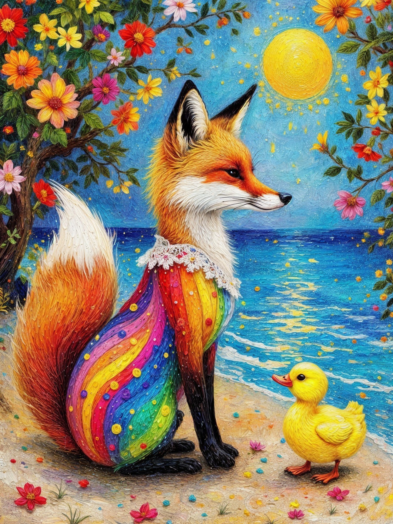 Colorful fox and duckling by a sunny beach scene