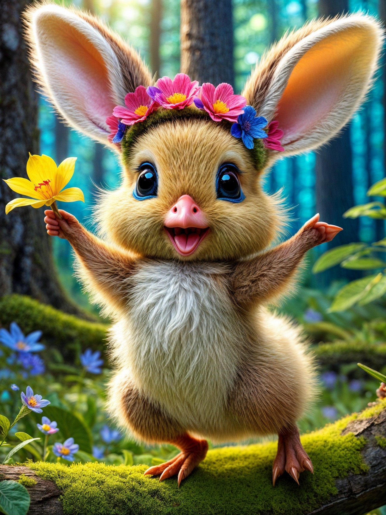 Fluffy Creature with Flower Crown in Vibrant Forest