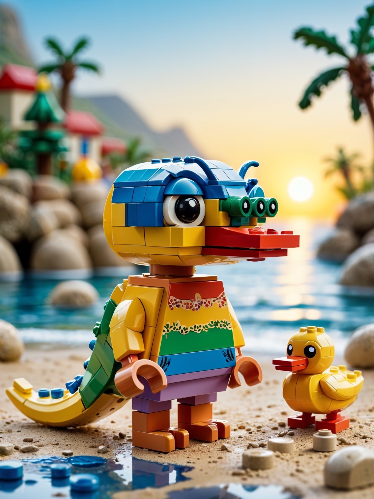 Colorful LEGO Creature on Beach at Sunset