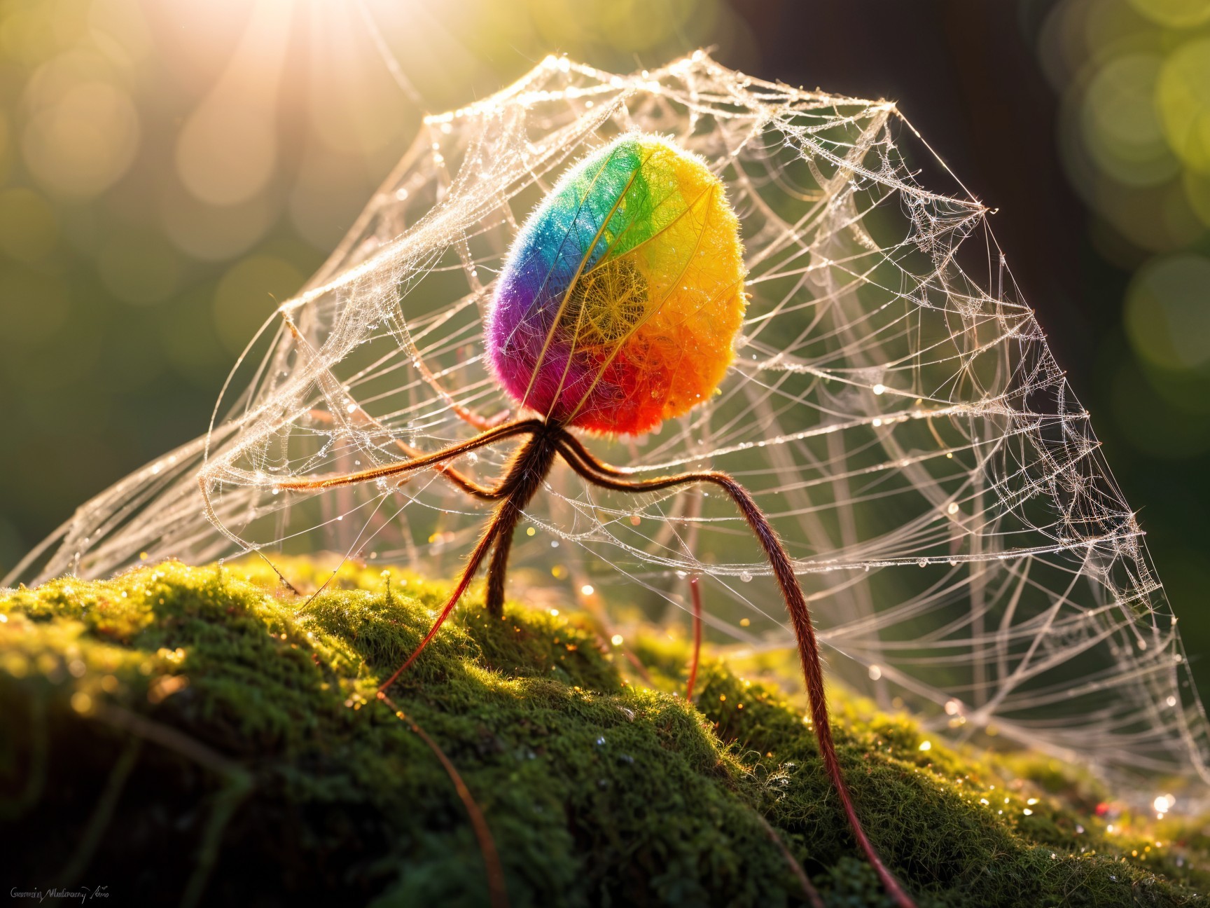 Whimsical Rainbow Creature on Moss with Spiderweb Canopy
