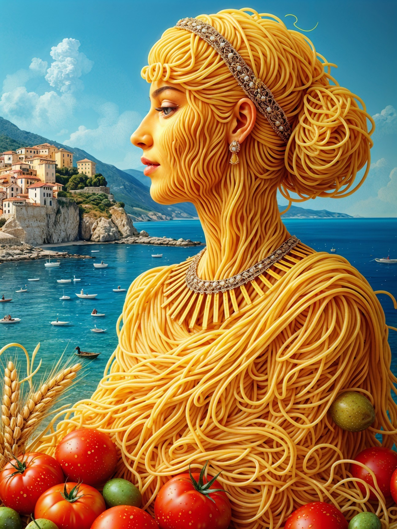 Golden Pasta Sculpture by the Seaside with Tomatoes