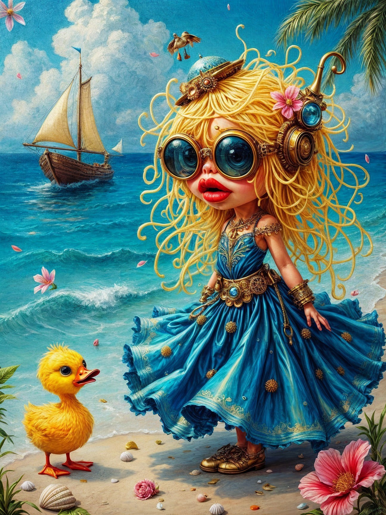 Whimsical Beach Scene with Child and Duckling