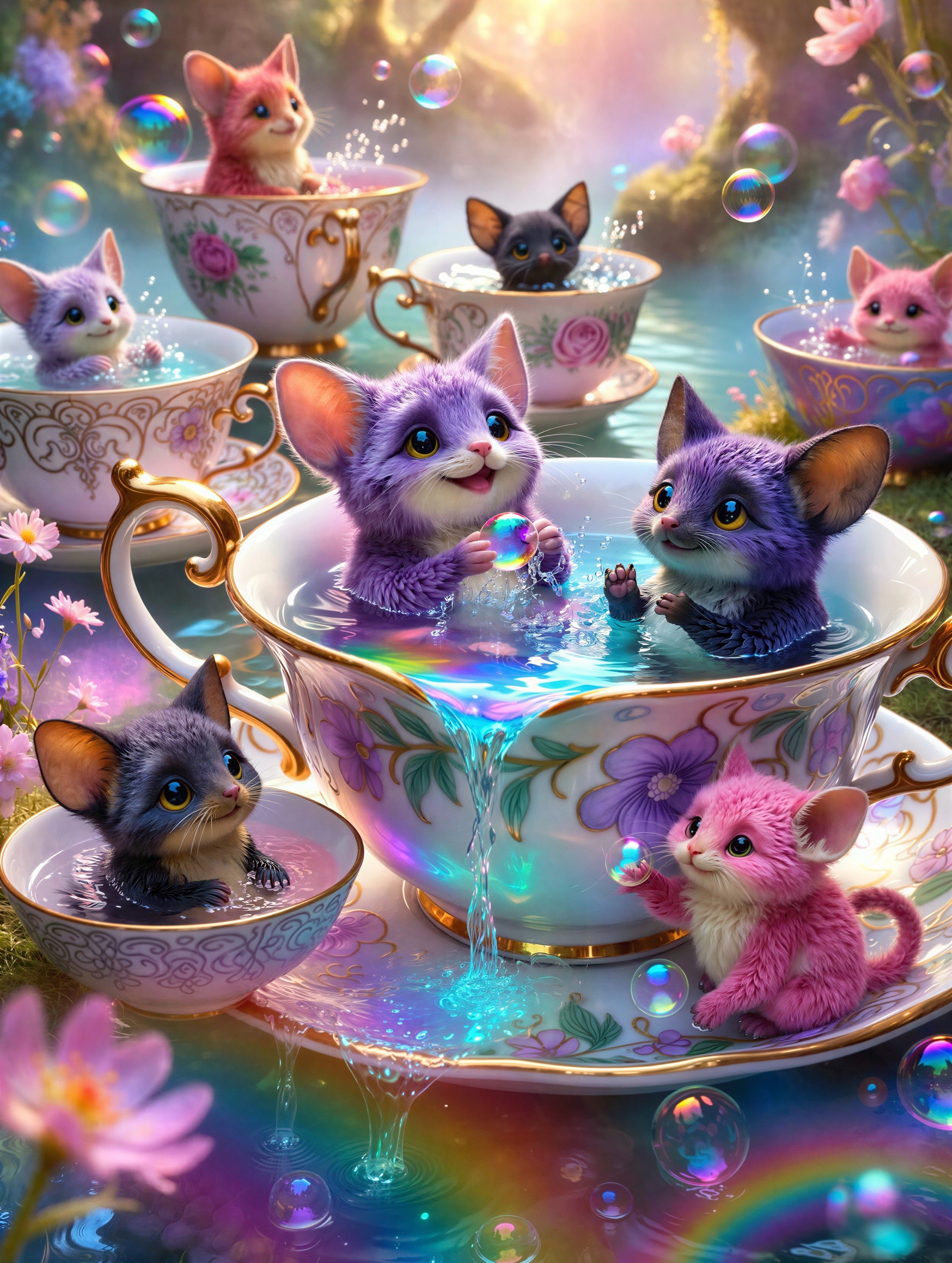 Fluffy Creatures in Decorative Teacups with Water Effects