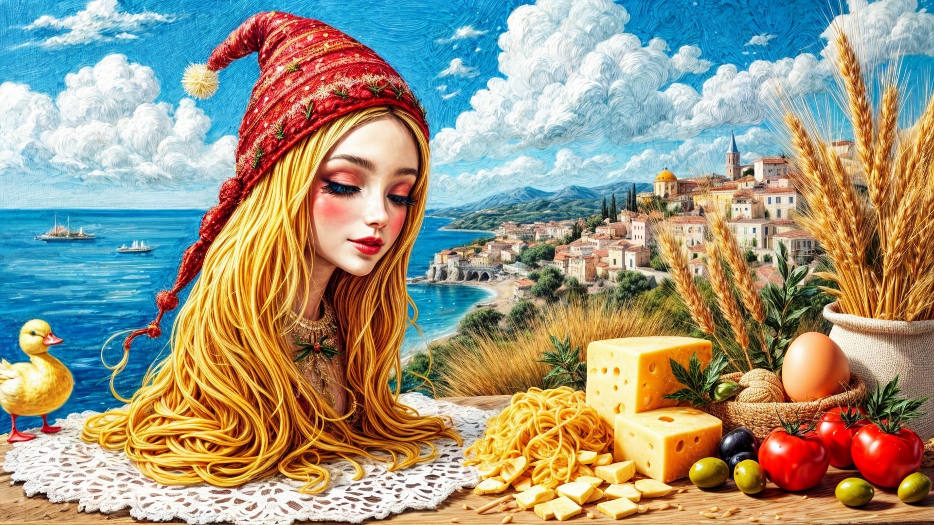 Serene Blonde Girl in Vibrant Seaside Village Scene