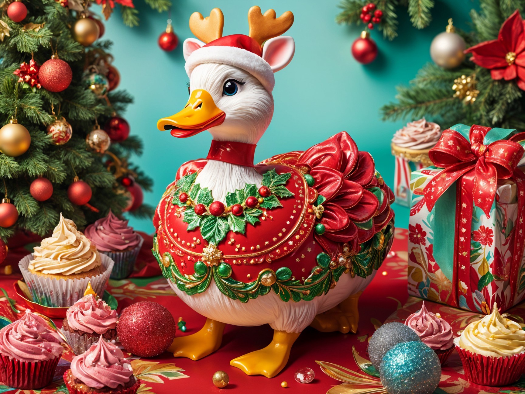 Ceramic Duck in Santa Hat Amidst Holiday Decorations