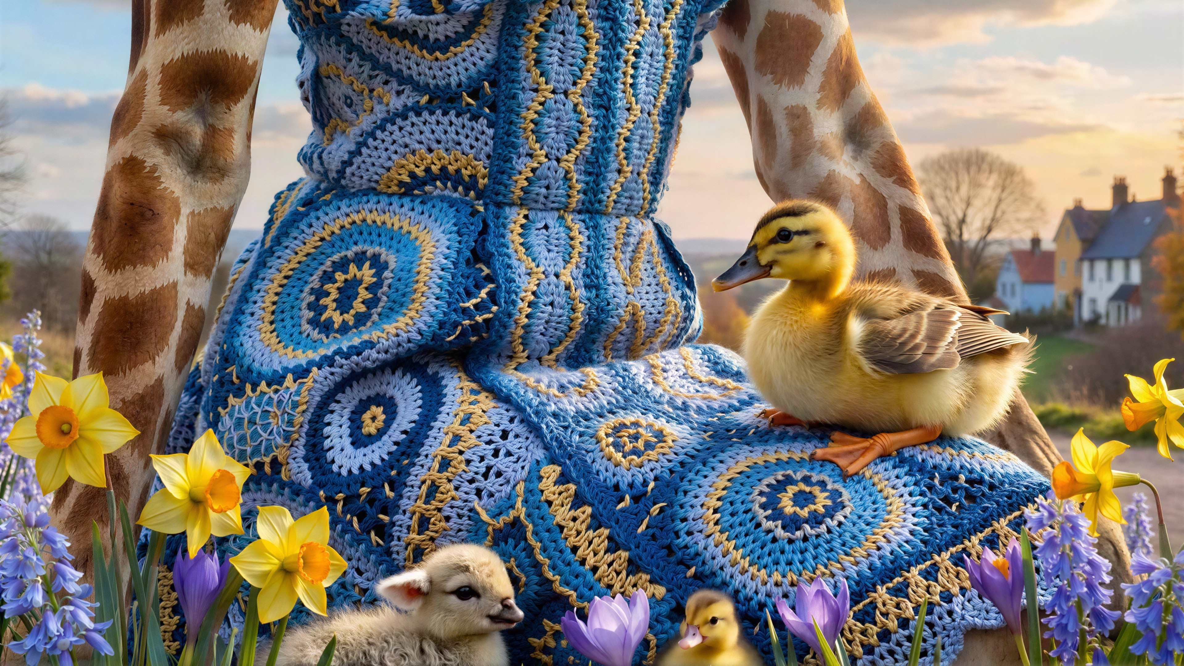 Surrealist Scene with Giraffe in Crocheted Dress