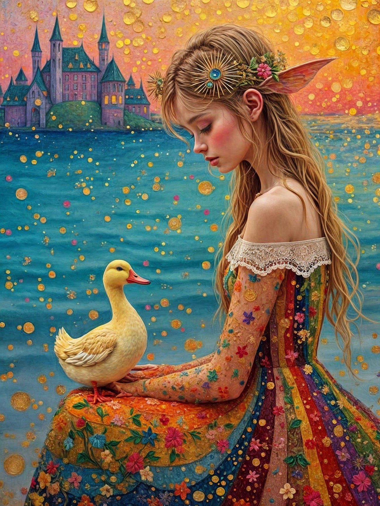 Young woman in floral dress by blue water and castle