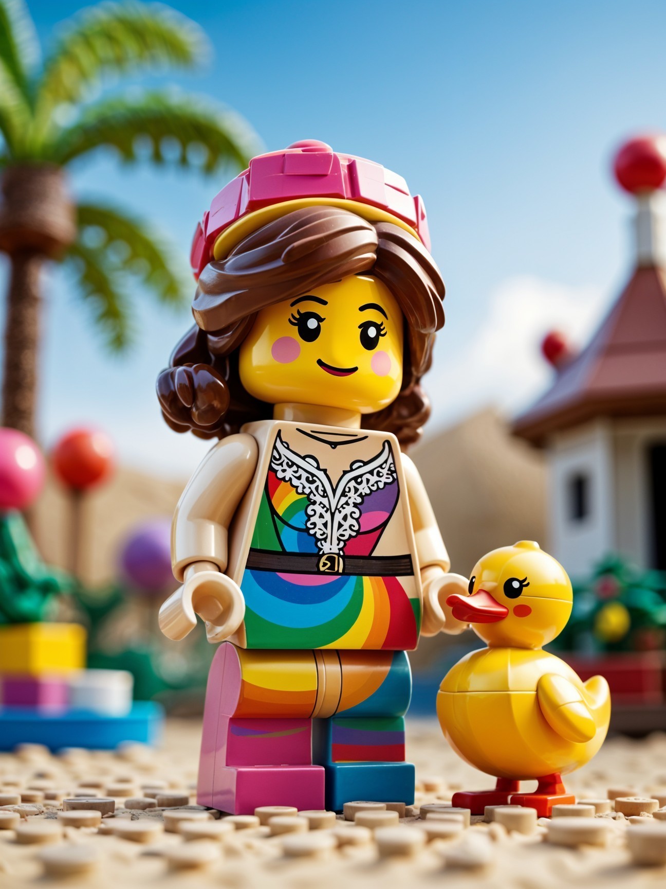 Cheerful LEGO Figure with Duck in Colorful Setting