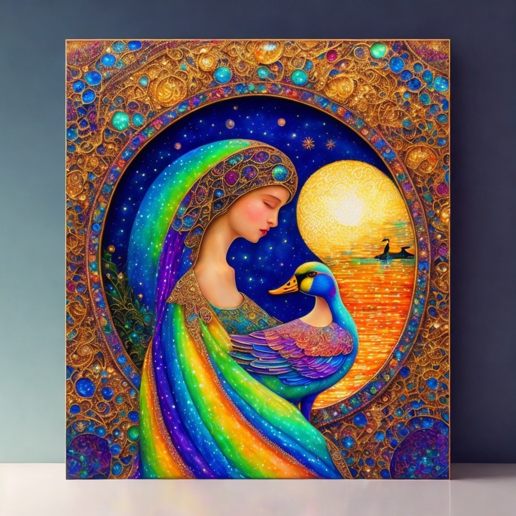 Vibrant Woman with Duck Against a Mystical Sunset