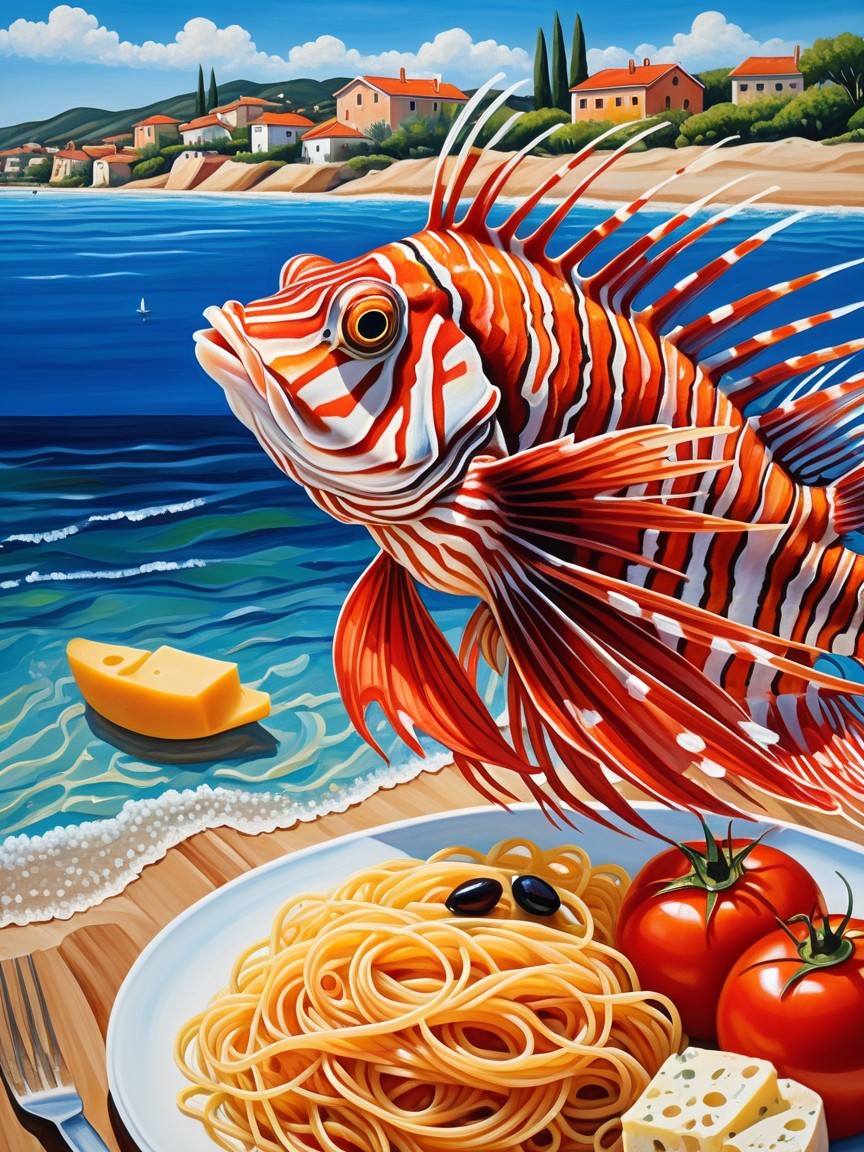 Seaside Scene with Colorful Fish and Spaghetti Dish