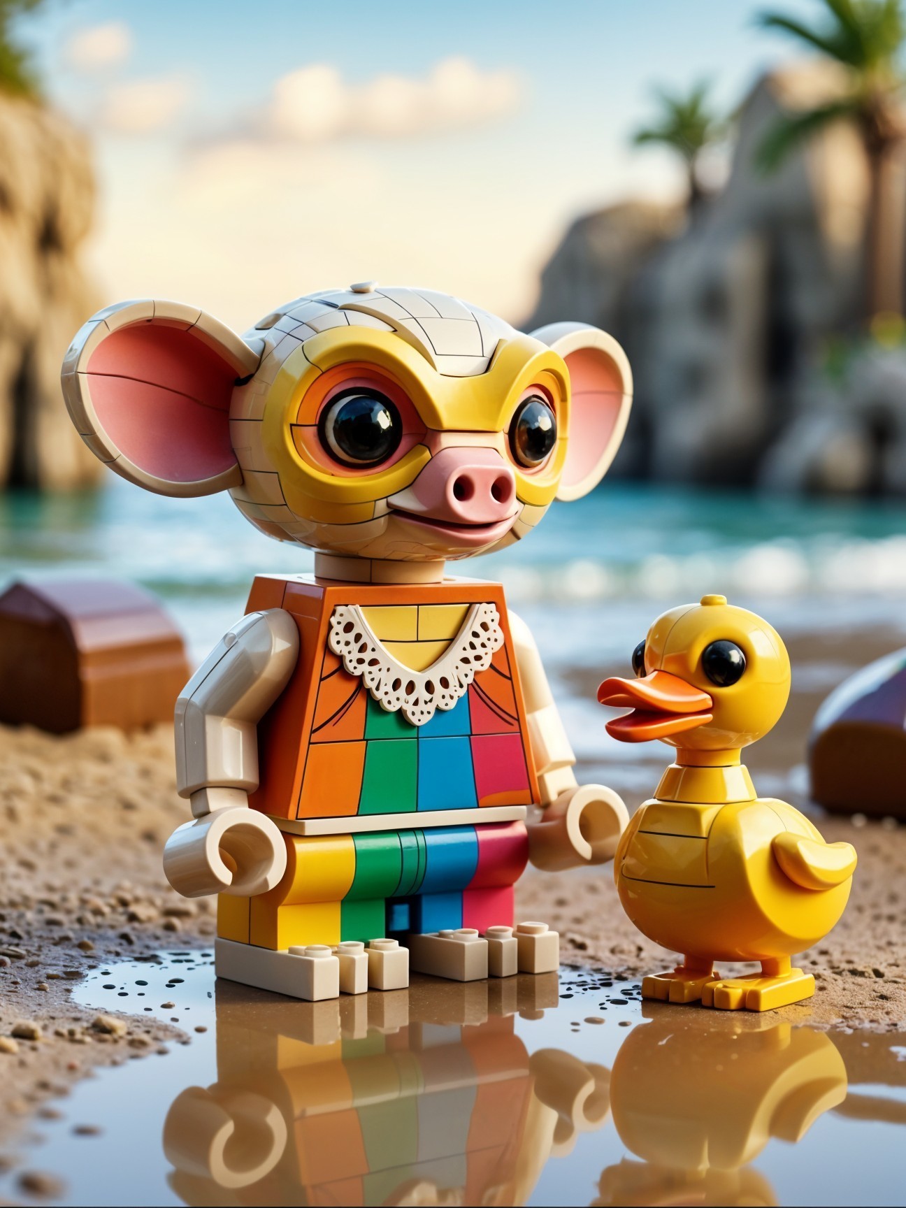 LEGO-Style Character and Duck at a Beach Scene
