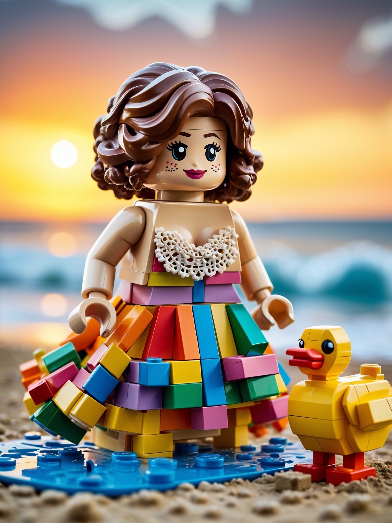 Vibrant LEGO Character at Sunset Beach Scene