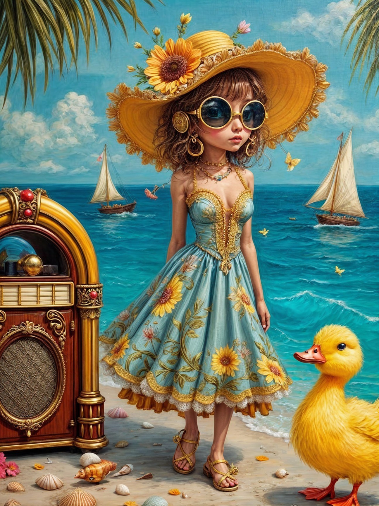 Whimsical Beach Scene with Girl in Blue Dress