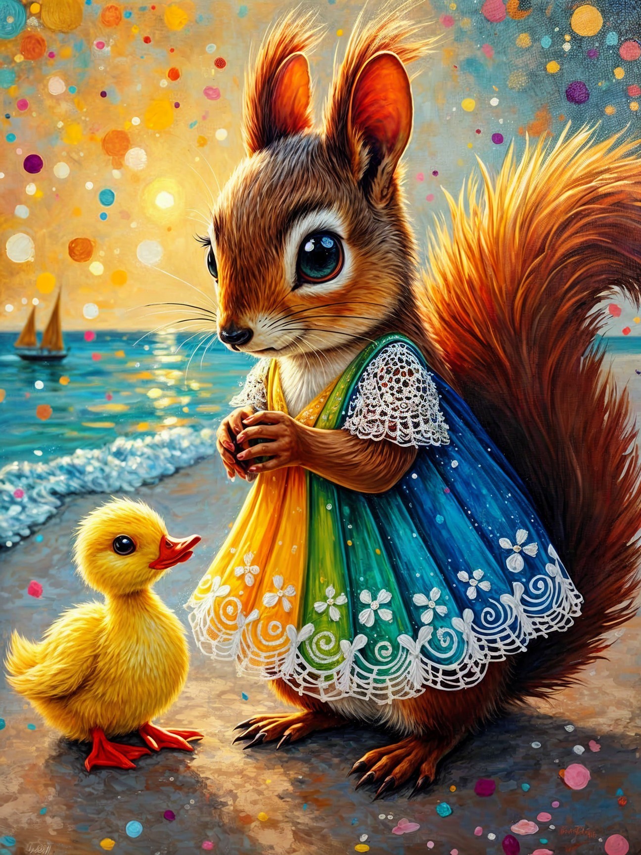 Whimsical Beach Scene with Squirrel and Duckling