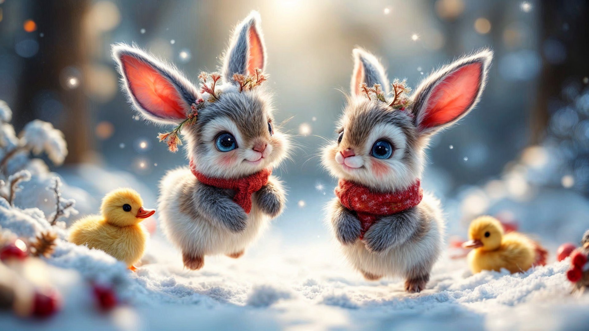 Fluffy Rabbits in Snowy Landscape with Duckling