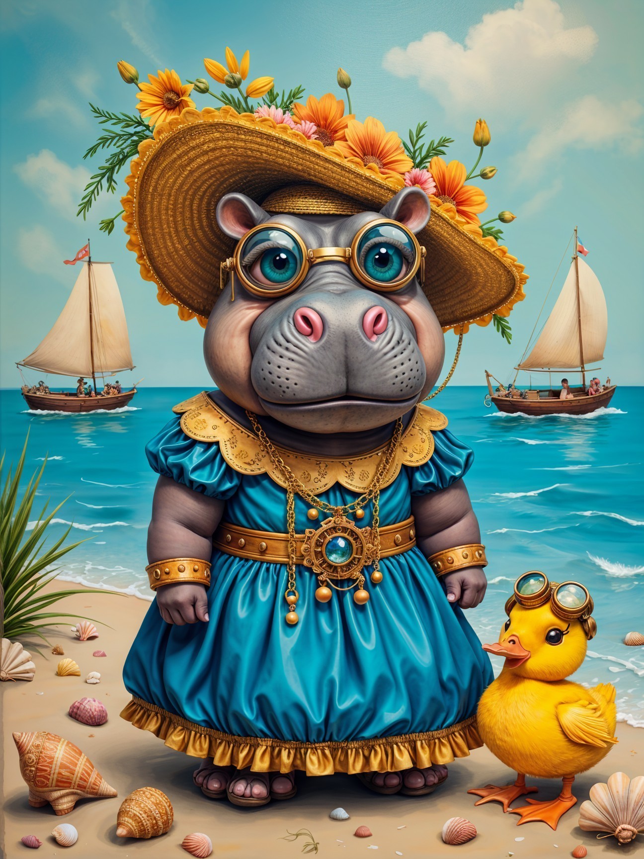 Whimsical Hippo in Beach Outfit with Duck and Sailboats