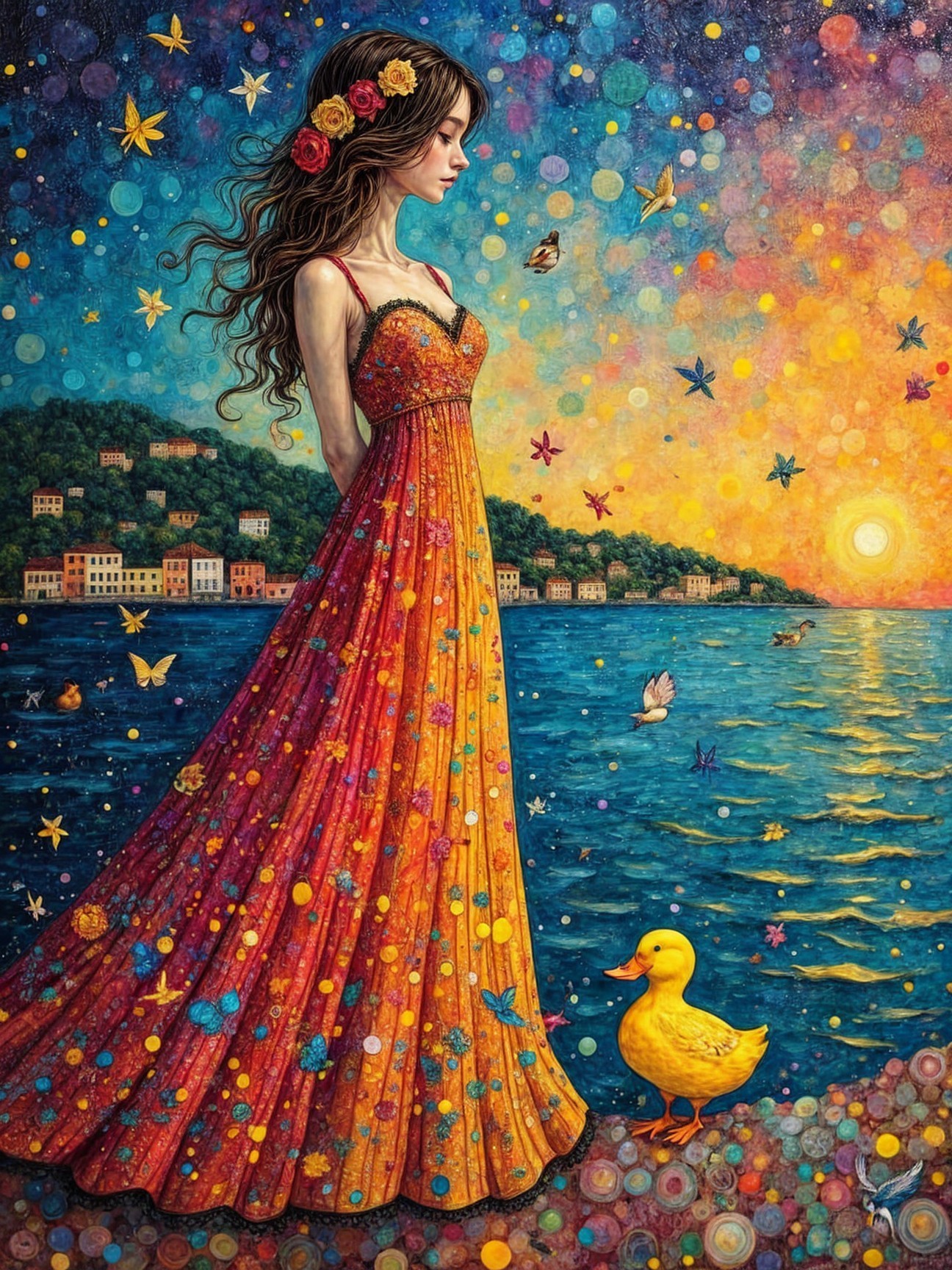 Woman in Vibrant Dress by Water at Sunset