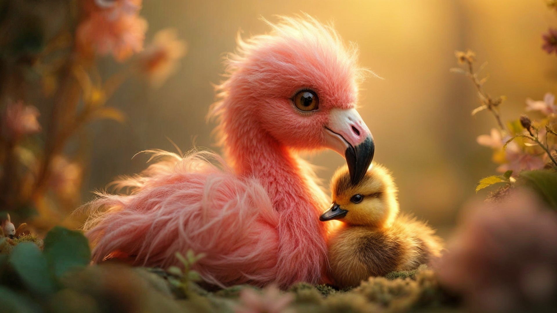 Fluffy Flamingo and Duckling in a Floral Scene