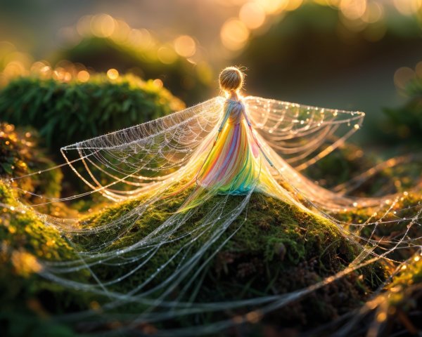 Fairy Figure on Mossy Mound with Dewdrop Details