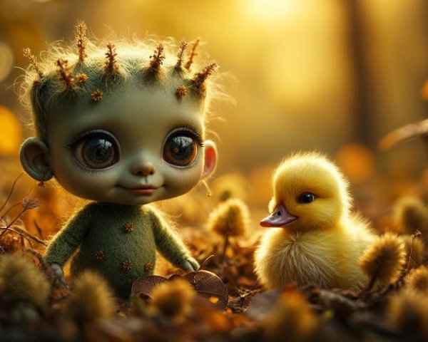 Charming Doll and Duckling in Autumn Forest Scene